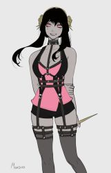 Rule 34 | 1girl, :d, belt collar, black hair, black leotard, breasts, chest harness, cleavage, collar, colored skin, dagger, flower, grey background, grey skin, grey thighhighs, hair flower, hair ornament, hairband, harness, highres, holding, holding knife, knife, leotard, looking at viewer, medium breasts, open mouth, pink eyes, roxxxan, sidelocks, signature, simple background, sketch, smile, solo, spy x family, stiletto (weapon), thighhighs, weapon, yor briar