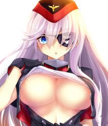 Rule 34 | areola slip, azur lane, bare arms, blue eyes, breasts, cleavage, clothes lift, eyepatch, garrison cap, gloves, hat, large breasts, lifting own clothes, long hair, looking at viewer, military, military hat, military uniform, open clothes, open mouth, scharnhorst (azur lane), shirt lift, solo, uniform, watarui, white hair