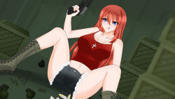Rule 34 | 1girl, :p, blue eyes, boots, breasts, bullet, commentary request, commission, commissioner upload, crate, crop top, denim, denim shorts, explosive, grenade, gun, handgun, jewelry, large breasts, long hair, midriff, original, pendant, red hair, saoirse (stormwyrm), shorts, sinfultofu, sitting, solo, spread legs, stormwyrm, the incarnation of hatsune miku, tongue, tongue out, weapon