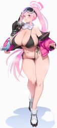 Rule 34 | 1girl, :o, absurdres, bare shoulders, bikini, black bikini, blue archive, blush, breasts, breath, cleavage, commentary request, curvy, eimi (blue archive), eimi (swimsuit) (blue archive), eyewear on head, fingernails, full body, goggles, goggles on head, groin, gun, gya rb, halo, high ponytail, highleg, highleg bikini, highres, holding, holding gun, holding weapon, huge breasts, jacket, knees, legs, long hair, long sleeves, looking at viewer, navel, open clothes, open jacket, open mouth, padded jacket, pink eyes, pink hair, pink halo, pink jacket, raised eyebrows, revision, scarf, side-tie bikini bottom, simple background, ski goggles, skindentation, sleeves past wrists, snow boots, solo, standing, steam, steaming body, stomach, string bikini, swimsuit, thick thighs, thighs, very long hair, weapon, white background, white footwear, white scarf, wide hips