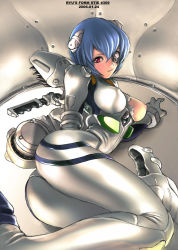 Rule 34 | 1girl, ass, ayanami rei, blue hair, bodysuit, breasts, interface headset, large breasts, neon genesis evangelion, nipples, plugsuit, red eyes, ryu (ryu&#039;s form site), shiny clothes, short hair, skin tight, solo, torn clothes