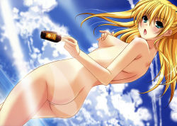 Rule 34 | 1girl, absurdres, ass, bikini tan, blonde hair, blue eyes, blush, breasts, cloud, contrail, covering privates, covering breasts, day, dutch angle, from side, green eyes, highres, light rays, looking at viewer, lotion, lotion bottle, medium breasts, minazuki yuuna modred, nude, open mouth, sky, solo, sunbeam, sunlight, sunscreen, tan, tanline, yama bikko, yokujou pet life