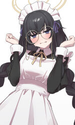 Rule 34 | 1girl, absurdres, alternate costume, apron, bags under eyes, bespectacled, black dress, black hair, blue archive, blush, braid, dress, enmaided, frilled apron, frills, glasses, halo, highres, long hair, long sleeves, looking at viewer, maid, maid apron, maid headdress, mushioicharax, round eyewear, simple background, solo, stinky, sweat, twin braids, ui (blue archive), white apron, white background