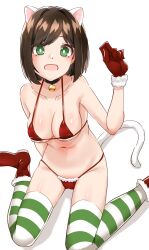 Rule 34 | 0:00, 1girl, absurdres, animal ears, arm behind back, bell, bikini, black choker, bob cut, boots, breasts, bright pupils, brown hair, cat ears, cat tail, choker, christmas, cleavage, commentary, earrings, fang, gloves, green eyes, green thighhighs, halterneck, highres, idolmaster, idolmaster cinderella girls, jewelry, large breasts, looking at viewer, maekawa miku, navel, neck bell, red bikini, red footwear, santa bikini, santa boots, santa gloves, shadow, short hair, simple background, sitting, solo, string bikini, striped clothes, striped thighhighs, stud earrings, swept bangs, swimsuit, tail, thighhighs, wariza, white background, white pupils