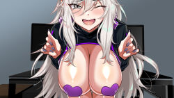 Rule 34 | 1girl, black eyes, blush, breasts, breasts out, breasts squeezed together, computer, covered erect nipples, embarrassed, enadori oneesan to ecchi shiyo?, female focus, grey hair, hayashi cherry, highres, huge breasts, indoors, jacket, leaning forward, long hair, looking at viewer, mole, mole under mouth, monitor, nail polish, one eye closed, open mouth, original, pasties, smile, solo, upper body, zipper