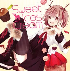 Rule 34 | 1girl, arm up, boots, cake, checkerboard cookie, cookie, deer, food, hair ribbon, hatsuko, macaron, open mouth, original, pink eyes, pink hair, ribbon, shirt, short hair, skirt, solo, striped clothes, striped thighhighs, thighhighs, upskirt, vertical-striped clothes, vertical-striped thighhighs, zettai ryouiki