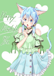 Rule 34 | 1girl, :o, absurdres, animal ears, artist request, bare shoulders, black choker, blue eyes, blue hair, blush, breasts, cat ears, cat tail, choker, clothing cutout, commentary request, cowboy shot, dated, gem, green background, green ribbon, green shirt, hair between eyes, happy birthday, heart, highres, looking at viewer, medium breasts, ribbon, shirt, short hair, short hair with long locks, shoulder cutout, sidelocks, sinon (sao-alo), skirt, solo, sword art online, tail, white skirt
