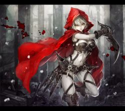 Rule 34 | 1girl, armor, belt, bikini armor, black bra, black footwear, black gloves, black shorts, boots, bra, breasts, brick, buckle, cleavage, cloak, closed mouth, colored skin, dagger, gauntlets, gloves, grey skin, highres, holding, holding weapon, hood, hooded cloak, knife, letterboxed, little red riding hood, looking at viewer, midriff, navel, original, outdoors, pale skin, pole, red hood, senano-yu, shorts, smile, snow, snowing, solo, standing, standing on one leg, stomach, sword, underwear, weapon, white hair, yellow eyes