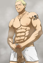 Rule 34 | 1boy, abs, artist name, blonde hair, blue eyes, blush, highres, hydaria, male focus, muscular, nude, pectorals, penis, persona, persona 4, scar, solo, tatsumi kanji, tattoo, testicles, towel