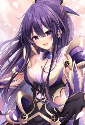 Rule 34 | 1girl, armor, armored dress, bow, breasts, date a live, dress, hair bow, highres, looking at viewer, medium breasts, open hand, open mouth, purple dress, purple eyes, purple hair, reaching, reaching towards viewer, shoulder armor, smile, teeth, tsukasa tsubasa, upper body, upper teeth only, yatogami tooka