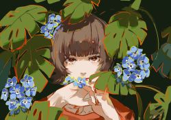 Rule 34 | 1girl, artist name, blue flower, brown eyes, brown hair, commentary, covering own mouth, flower, hands up, highres, looking at viewer, nail polish, null (skev7724), orange nails, orange shirt, paprika, paprika (character), plant, portrait, red nails, shirt, short hair, solo