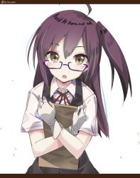 Rule 34 | 10s, 1girl, :o, ahoge, alternate eye color, bespectacled, blouse, brown eyes, glasses, gloves, hagikaze (kancolle), heavens thunder (byakuya-part2), kantai collection, letterboxed, long hair, looking at viewer, neck ribbon, hugging object, open mouth, purple-framed eyewear, purple hair, red ribbon, ribbon, school uniform, shirt, side ponytail, simple background, solo, twitter username, vest, white background, white gloves, white shirt