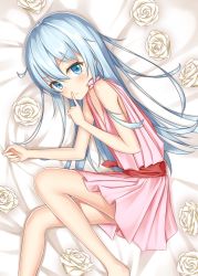 Rule 34 | 1girl, barefoot, bed, blue eyes, blue hair, blush, closed mouth, finger to mouth, flower, habu., hibiki (kancolle), index finger raised, kantai collection, long hair, looking at viewer, lying, on side, rose, solo, white flower, white rose