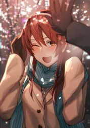 Rule 34 | 10s, 1girl, absurdres, ashigara (kancolle), blurry, blush, brown eyes, brown hair, christmas, depth of field, hairband, hand on another&#039;s head, highres, kantai collection, kitazawa (embers), long hair, one eye closed, open mouth, pov, scarf, smile, solo focus