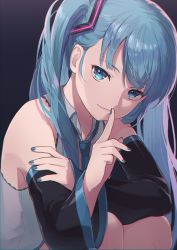 Rule 34 | 1girl, ashika (yftcc948), black sleeves, blue eyes, blue hair, blue nails, blue necktie, closed mouth, dark background, detached sleeves, finger to mouth, grey shirt, hatsune miku, highres, index finger raised, knees up, long hair, long sleeves, looking at viewer, nail polish, necktie, shirt, shushing, sitting, smile, solo, twintails, very long hair, vocaloid
