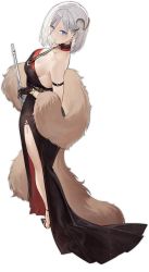 Rule 34 | arm strap, artist request, azur lane, bare shoulders, black dress, black gloves, blue eyes, breasts, choker, cleavage, dress, earrings, flute, from behind, fur collar, gloves, hair ornament, high heels, highres, holding, holding instrument, instrument, jewelry, large breasts, looking at viewer, official alternate costume, official art, short hair, side slit, standing, tirpitz (a vase for the frost flower) (azur lane), tirpitz (azur lane), transparent background, white hair