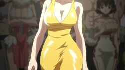 1girl animated anime_screenshot breasts cleavage collarbone dr._stone dress highres kohaku_(dr._stone) large_breasts tagme thighs video walking wide_hips yellow_dress