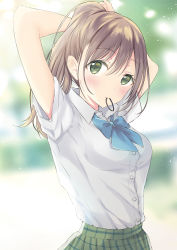 Rule 34 | 1girl, blue bow, blurry, blurry background, blush, bow, breasts, brown hair, commentary request, depth of field, dress shirt, green eyes, green skirt, hair between eyes, hair tie, hair tie in mouth, high ponytail, highres, long hair, looking at viewer, medium breasts, mouth hold, original, pleated skirt, ponytail, school uniform, shirt, shirt tucked in, short sleeves, skirt, solo, ueno tomo, white shirt