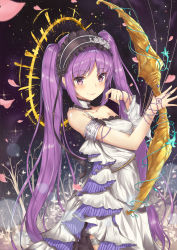 Rule 34 | 1girl, absurdres, anklet, armlet, bare shoulders, blurry, bonnet, bow (weapon), bracelet, breasts, choker, commentary request, depth of field, dress, euryale (fate), fate/hollow ataraxia, fate (series), flower, frilled choker, frills, hairband, halo, headdress, highres, holding, holding bow (weapon), holding weapon, jewelry, konata (knt banri), lolita hairband, long hair, looking at viewer, medium breasts, night, night sky, parted bangs, petals, purple eyes, purple hair, rose, sidelocks, sky, sleeveless, sleeveless dress, smile, solo, star (sky), twintails, very long hair, weapon, white dress, white flower, white rose