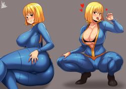 Rule 34 | 1girl, ass, blonde hair, blue bodysuit, blush, bodysuit, breasts, covered erect nipples, fallout (series), fallout 4, fellatio gesture, grey background, heart, highres, huge breasts, jmg, large breasts, long hair, looking at viewer, mob face, multiple views, open bodysuit, open clothes, short hair, simple background, solid oval eyes, squatting, thick thighs, thighs, unzipped, vault girl