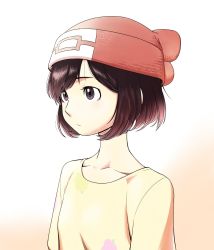 Rule 34 | 1girl, beanie, brown hair, closed mouth, collarbone, commentary request, creatures (company), floral print, game freak, hat, highres, korean commentary, nintendo, nutkingcall, pokemon, pokemon sm, red hat, selene (pokemon), shirt, short hair, solo, t-shirt, upper body, yellow shirt
