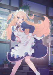 Rule 34 | 1girl, alicia (kagawa yuusaku), apron, blonde hair, blue eyes, bucket, hands on own hips, highres, indoors, kagawa yuusaku, long hair, maid, maid apron, maid headdress, open mouth, original, plant, potted plant, solo, two side up, very long hair, window