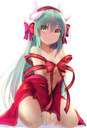 Rule 34 | 1girl, aqua hair, blush, bow, dragon girl, dragon horns, fate/grand order, fate (series), highres, horns, kiyohime (fate), kneeling, long hair, looking at viewer, multiple horns, red bow, red ribbon, red robe, ribbon, robe, sen (astronomy), smile, solo, undressing, yellow eyes
