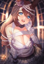 Rule 34 | 1girl, animal ears, bandaged arm, bandaged hand, bandaged head, bandages, bare shoulders, blue eyes, blush, bow, braid, braided ponytail, breasts, brown hair, ear ornament, ear ribbon, hair between eyes, hair ornament, halloween costume, highres, horse ears, horse girl, horse tail, kameria526, large breasts, long hair, looking at viewer, mummy costume, official alternate costume, open mouth, purple nails, smile, solo, super creek (chiffon ribbon mummy) (umamusume), super creek (umamusume), tail, umamusume