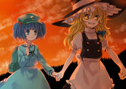Rule 34 | 2girls, backpack, bag, blonde hair, blue eyes, blue hair, braid, evening, female focus, grin, hair bobbles, hair ornament, holding hands, hat, ica, kawashiro nitori, key, kirisame marisa, multiple girls, randoseru, smile, sunset, touhou, twintails, two side up, witch, witch hat, yellow eyes