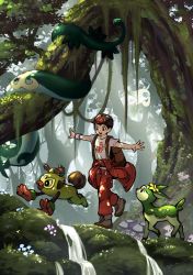 Rule 34 | 1boy, alternate costume, amakara000, amoonguss, backpack, bag, black hair, boots, brown bag, celebi, clothes around waist, commentary, creatures (company), day, deerling, expedition uniform, forest, game freak, gen 2 pokemon, gen 5 pokemon, gen 8 pokemon, helmet, highres, jacket, jacket around waist, legendary pokemon, male focus, moss, mushroom, mythical pokemon, nature, nintendo, open mouth, orange pants, outdoors, outstretched arms, pants, pokemon, pokemon (creature), pokemon swsh, serperior, shirt, short hair, short sleeves, smile, standing, symbol-only commentary, t-shirt, teeth, thwackey, tree, victor (pokemon), walking, water, white shirt