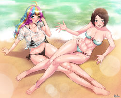 Rule 34 | 2girls, absurdres, akchu, barefoot, beach, bikini, blonde hair, blue eyes, blue hair, blush, breasts, brown eyes, brown hair, day, feet, from above, gluteal fold, heterochromia, highres, large breasts, legs, lips, long hair, looking at viewer, lying, mimi (picarto.tv), multicolored hair, multiple girls, navel, ocean, on back, original, parted lips, picarto.tv, pink hair, sand, shirt, smile, swimsuit, thigh gap, thighs, wet, wet clothes, wet shirt, yellow eyes