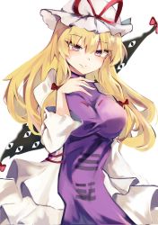 Rule 34 | 1girl, absurdres, arm at side, blonde hair, blush, bow, closed mouth, commentary, dress, eyelashes, gap (touhou), hair ribbon, hand on own chest, hat, hat ribbon, highres, long hair, long sleeves, looking at viewer, mob cap, purple eyes, purple tabard, red bow, red ribbon, ribbon, saki (14793221), sidelocks, simple background, solo, standing, tabard, touhou, tress ribbon, white background, white dress, white hat, white sleeves, yakumo yukari, ||/
