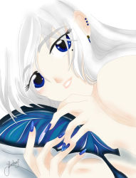 Rule 34 | 1girl, blue eyes, blue nails, bug, butterfly, earrings, bug, jewelry, kof: maximum impact, luise meyrink, nail polish, snk, solo, the king of fighters, tifayuy, white hair