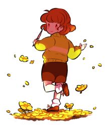 Rule 34 | androgynous, blush stickers, brown hair, chara (undertale), child, flower, gender request, knife, leg up, looking at viewer, looking back, nekolina, petals, shaded face, shirt, short hair, shorts, smile, solo, spoilers, striped clothes, striped shirt, undertale, yellow flower