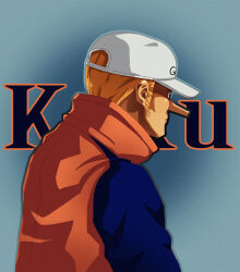 Rule 34 | 1boy, baseball cap, black eyes, character name, closed mouth, commentary, corey miller, english commentary, hat, kaku (one piece), long nose, long sleeves, male focus, one piece, orange hair, short hair, solo, white hat