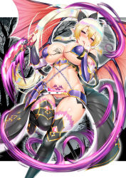 Rule 34 | 1girl, armor, bikini, bikini armor, black panties, black thighhighs, blonde hair, blush, braid, breasts, chain, commentary request, dark persona, demon girl, demon wings, detached sleeves, fairy, feet out of frame, finger in own mouth, finger to tongue, front-tie bikini top, front-tie top, gradient hair, hair between eyes, highres, holding, holding weapon, kawase seiki, leafa, licking, licking finger, long ears, long hair, multicolored hair, nail polish, naughty face, navel, panties, pointy ears, pubic tattoo, purple nails, revealing clothes, solo, swimsuit, sword, sword art online, tattoo, thighhighs, tongue, tongue out, twin braids, underboob, underwear, very long hair, weapon, wings