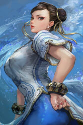 Rule 34 | 1girl, ass, blue pants, breasts, brown eyes, brown hair, capcom, china dress, chinese clothes, chun-li, double bun, dress, earrings, eyeshadow, hair bun, hand on own hip, highres, jewelry, large breasts, makeup, miche, pants, red eyeshadow, short hair, short sleeves, solo, street fighter, street fighter 6, upper body, white dress