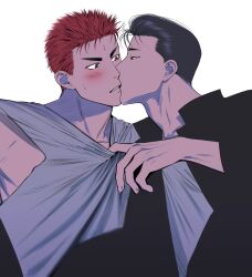 Rule 34 | bishounen, black eyes, black hair, black jacket, blush, clothes grab, couple, eye contact, face-to-face, highres, jacket, kiss, llll 100, looking at another, male focus, mito youhei, open mouth, pompadour, profile, red hair, sakuragi hanamichi, shirt grab, short hair, simple background, slam dunk (series), sweatdrop, tank top, upper body, white background, white tank top, yaoi