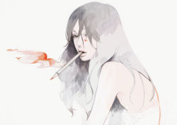 Rule 34 | 1girl, bare shoulders, black hair, hair over one eye, long hair, monochrome, mouth hold, original, pencil, simple background, sketch, solo, spot color, tae