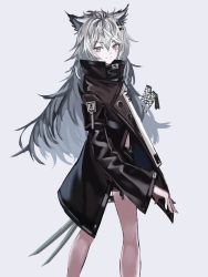 Rule 34 | 1girl, absurdres, animal ears, arknights, bad id, bad pixiv id, bare legs, black coat, black shorts, blush, chinese commentary, closed mouth, coat, commentary, cowboy shot, grey background, grey eyes, hair between eyes, hair ornament, hairclip, highres, katana, kit, lappland (arknights), long hair, long sleeves, looking at viewer, looking back, scar, scar across eye, scar on face, short shorts, shorts, silver hair, simple background, smile, solo, standing, sword, weapon, wolf ears