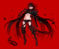 Rule 34 | 1girl, ahoge, azuki (azuki-taste), belt, black hair, black panties, cape, chain, expressionless, floating, full body, groin, navel, original, panties, red background, red eyes, ringed eyes, short hair, simple background, solo, thighhighs, torn cape, torn clothes, underwear