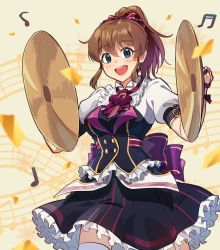Rule 34 | 1girl, back bow, beamed eighth notes, black shirt, black skirt, blouse, blue eyes, bow, brown hair, commentary, confetti, cowboy shot, cymbals, eighth note, english commentary, frilled skirt, frills, hair bow, holding, holding instrument, idol, idolmaster, idolmaster million live!, instrument, kamille (vcx68), looking at viewer, medium hair, miniskirt, mixed-language commentary, music, musical note, open mouth, ponytail, puffy short sleeves, puffy sleeves, purple bow, purple neckwear, satake minako, shirt, short sleeves, skirt, smile, solo, staff (music), standing, thighhighs, white thighhighs
