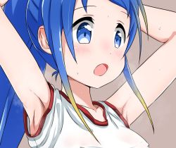 Rule 34 | 1girl, arm behind head, armpits, beige background, blonde hair, blue eyes, blue hair, collarbone, commentary, gradient hair, kantai collection, long hair, multicolored hair, no bra, open mouth, ponytail, samidare (kancolle), shirt, short sleeves, sidelocks, simple background, solo, sweat, swept bangs, very long hair, white shirt, yokoshima (euphoria)