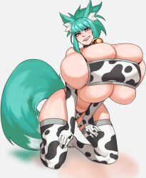 Rule 34 | 1girl, absurdres, animal ears, big hair, bikini, breasts, bursting breasts, cleavage, cowbell, eyelashes, female focus, fox ears, fox girl, fox tail, full body, gigantic breasts, green hair, grey background, grin, highres, legs, lips, looking at viewer, micro bikini, purple eyes, reflection, short hair, skindentation, smile, solo, strongmoist, swimsuit, tail, thighs, underboob, wide hips
