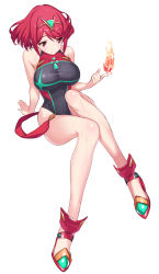 Rule 34 | 1girl, bare legs, bare shoulders, breasts, chest jewel, competition swimsuit, fire, full body, gem, gloves, green322, headpiece, highres, jewelry, large breasts, legs, magic, nintendo, one-piece swimsuit, pyra (pro swimmer) (xenoblade), pyra (xenoblade), red eyes, red footwear, red hair, short hair, simple background, sitting, smile, solo, swept bangs, swimsuit, tiara, white background, xenoblade chronicles (series), xenoblade chronicles 2