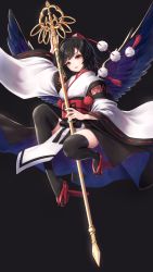Rule 34 | 1girl, alternate costume, black background, black bow, black hair, black thighhighs, black wings, blush, bow, breasts, commentary request, feathered wings, full body, geta, hat, head tilt, highres, holding, holding staff, japanese clothes, kimono, knee up, kourindou tengu costume, long sleeves, looking at viewer, medium breasts, obi, parted lips, pelvic curtain, pom pom (clothes), red eyes, red footwear, red sash, ribbon-trimmed sleeves, ribbon trim, sash, shakujou, shameimaru aya, short hair, simple background, solo, staff, tassel, tengu-geta, thighhighs, thighs, tokin hat, torinari (dtvisu), touhou, white kimono, wide sleeves, wings, zettai ryouiki