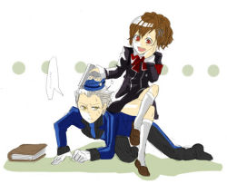 Rule 34 | 1boy, 1girl, atlus, bad id, bad pixiv id, book, bow, brown eyes, brown hair, garrison cap, gun, hair ornament, hairclip, hat, male assistant (persona 3), persona, persona 3, persona 3 portable, school uniform, shiomi kotone, short hair, sitting, skirt, smile, theodore (persona), weapon