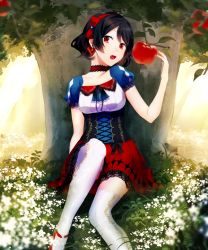 Rule 34 | 1girl, achiki, apple, black hair, choker, field, flower, flower field, food, fruit, looking at viewer, open mouth, original, red eyes, shingoku no valhalla gate, short hair, sitting, skirt, snow white, snow white (grimm), snow white and the seven dwarfs, solo, sunlight, thighhighs, tree, white thighhighs