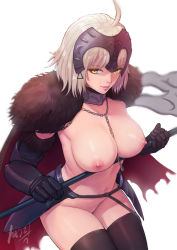 Rule 34 | 1girl, ahoge, animal ears, armor, between breasts, black thighhighs, blonde hair, breasts, cape, chain, collar, cowboy shot, fate/apocrypha, fate (series), faulds, fur collar, gauntlets, groin, highres, holding, jeanne d&#039;arc (fate), jeanne d&#039;arc alter (avenger) (fate), jeanne d&#039;arc alter (fate), large breasts, lips, mezzo (orbanga21), naked cape, navel, nipples, nude, parted lips, red cape, short hair, signature, smile, solo, standing, stomach, thighhighs, tsurime, two-handed, yellow eyes