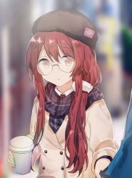 Rule 34 | 1girl, bad id, bad pixiv id, black hat, blurry, blurry background, coat, cup, glasses, hair tie, hat, highres, holding, holding cup, idolmaster, idolmaster shiny colors, long hair, looking at viewer, migolu, osaki tenka, outdoors, plaid, plaid scarf, red hair, round eyewear, scarf, solo, yellow eyes